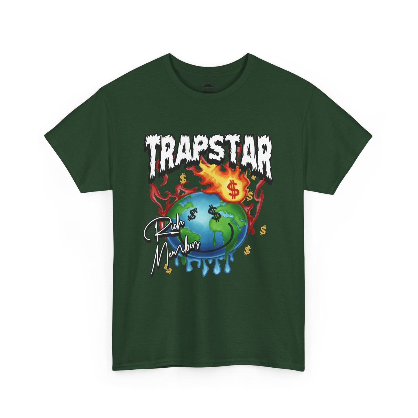 Trapstar "World Full of Money" Graphic Tee — Streetwear Earth & Flame Design