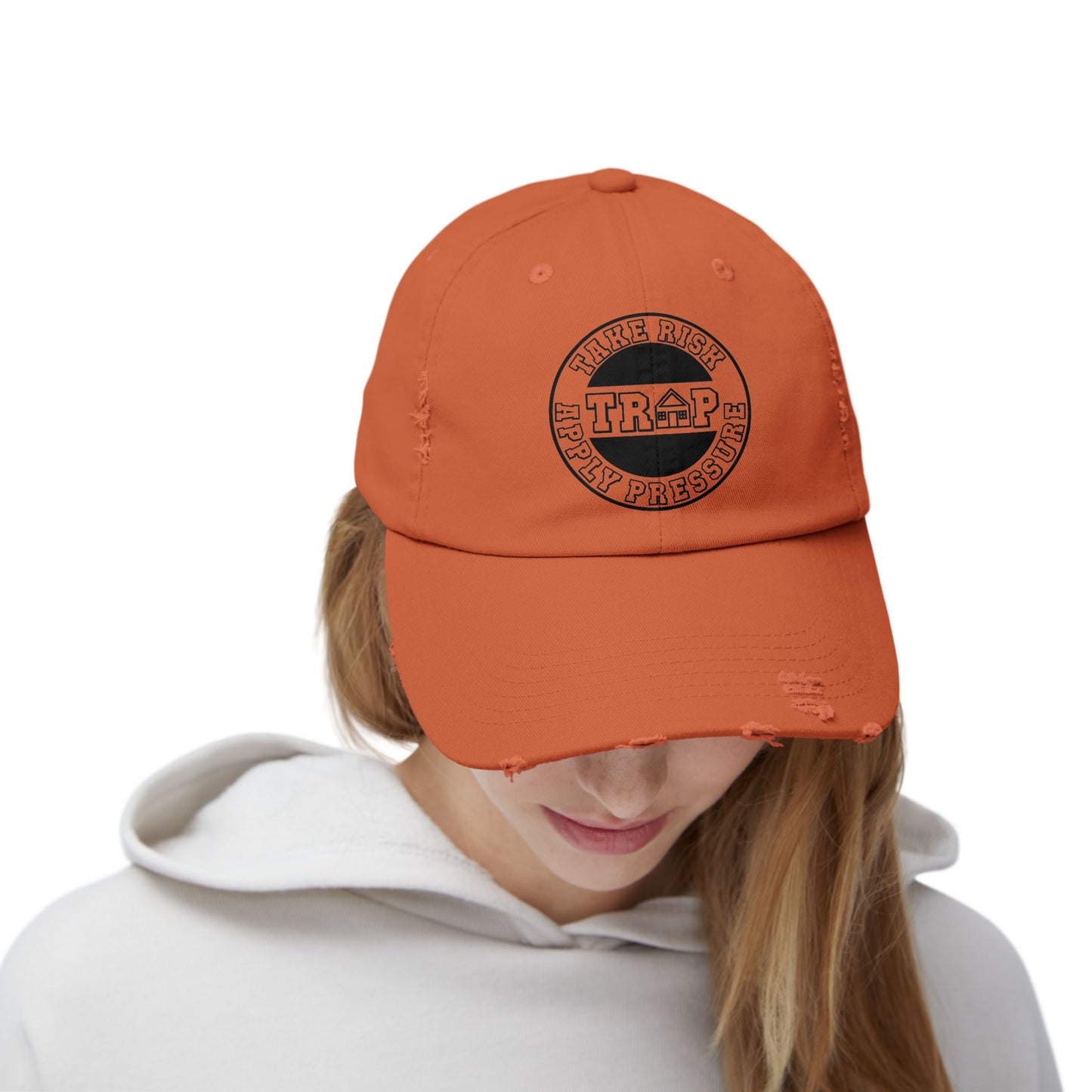 Distressed Black Dad Cap — Subtle 'Trap' Stamp Logo